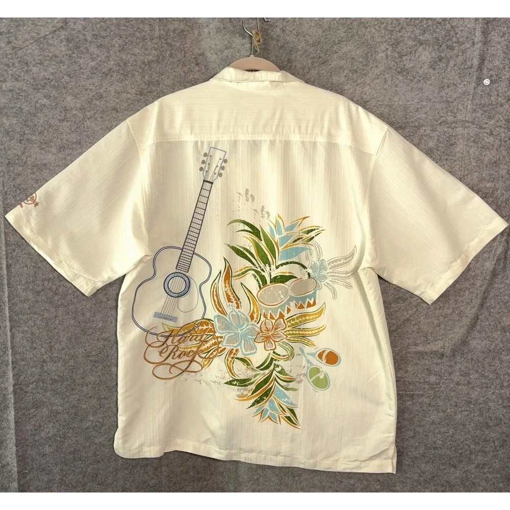 Hard Rock Cafe Shirt Mens XL Cream‎ Embroidered Aruba Lightweight Island